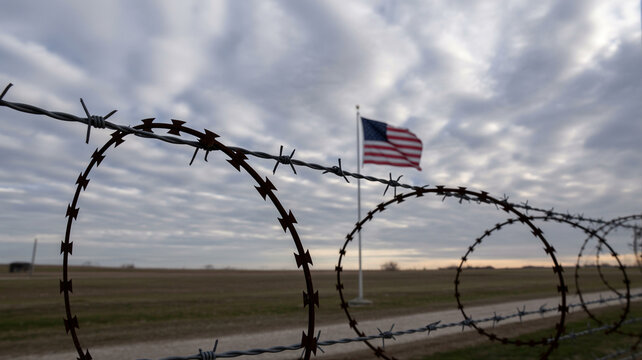 American flag behind barbed wire, dramatic sky, symbolism