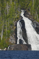 Obraz premium Waterfall flowing through a forested rocky landscape