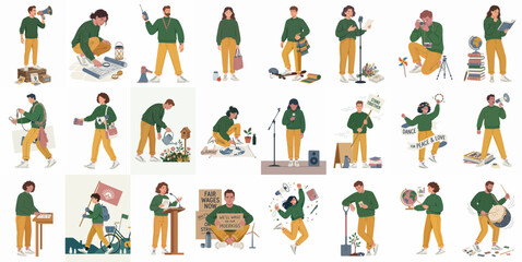 Fototapeta premium Set of flat illustrations featuring diverse people in green and yellow attire engaged in various social, professional, and leisure activities.
