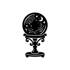 Crystal ball mystical object with celestial moon stars and swirl patterns for magic fortune telling divination prediction spiritual guidance and occult symbols. © Mr