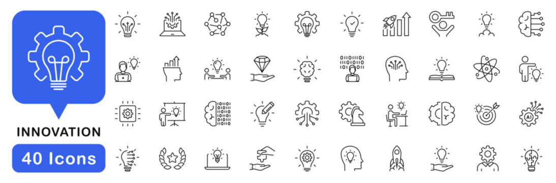 Innovation icon set. Startup icon in line style. Editable web icons idea, creativity, invention, revolution, progress, advancement, vision, development business etc. Vector illustration.