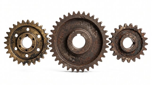 Three rusty gears in a row on white background