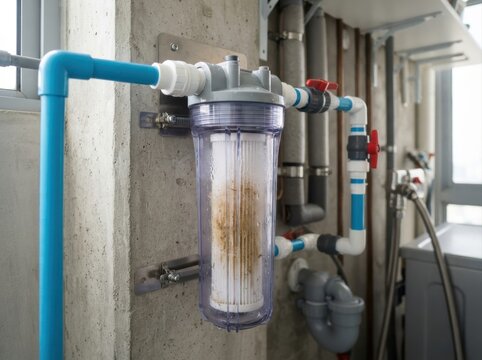 rainwater harvesting apartment building Water filtration system installed on indoor plumbing with blue pipes
