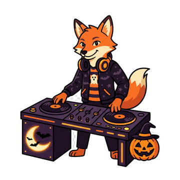 Halloween Fox Dj Spinning Vinyl On Turntables With Headphones, Moon And Bats, Pumpkin Lantern Decor, Cute Cartoon Character Illustration Isolated On Transparent Background