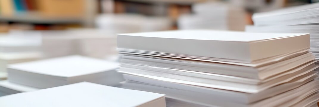 Stacks of white paper documents and printed materials awaiting distribution in a commercial print shop setting