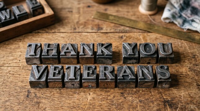 Old fashioned letterpress type blocks arranged to spell thank you veteran displayed on a weathered wooden table background