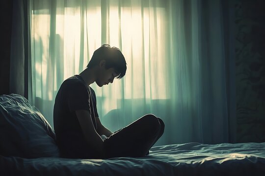 Young man silhouetted against window light experiencing sadness and isolation on his bed indoors