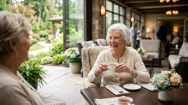 Happy seniors enjoying tea and conversation in a bright, elegant dining room with garden views.