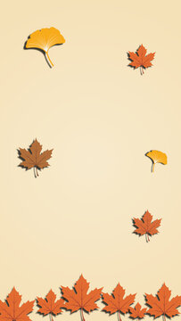 Vertical autumn background featuring falling maple and ginkgo leaves with copy space on a warm beige backdrop. Ideal for social media stories, mobile flyers, and fall seasonal announcements.
