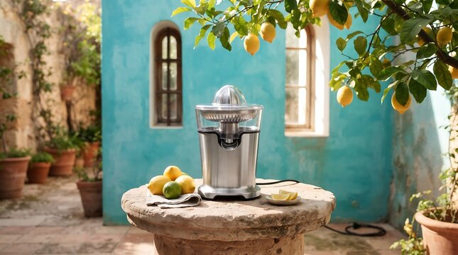 A stainless steel citrus juicer on a stone table with fresh yellow lemons
