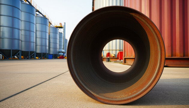 Rusted steel pipe on industrial yard with storage tank and container in background, empty metal cylinder with circular opening