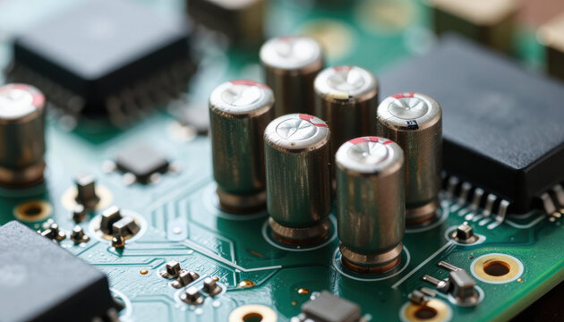 Circuit board macro with electronic component and capacitor detail, green printed circuit board with metal capacitor, chip, resistor, solder, and connector in close focus
