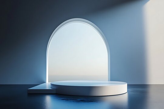 Minimalist blue studio display platform with arched doorway backdrop for product showcase and presentation