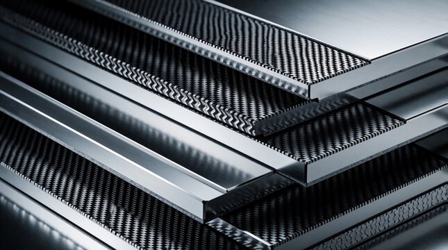Layered aluminum composite panel features carbon fiber weave and textured metal. Shows advanced material science for strong lightweight structures in aerospace and auto industries.