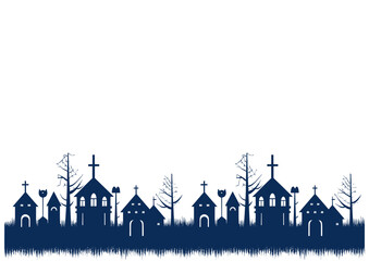 Silhouette illustration of village with church steeples along horizon © Rajib