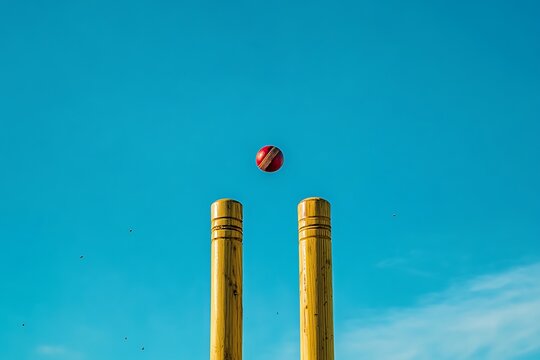 Cricket ball in flight above wickets sports action clear sky outdoor game competitive match