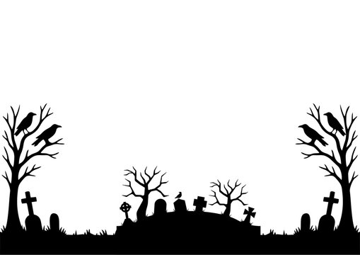 Spooky graveyard scene with silhouetted trees and crows at dusk