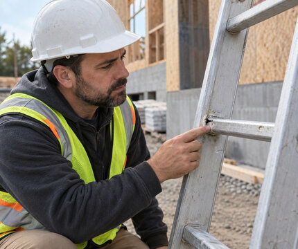Worker inspecting damaged ladder before use at construction site