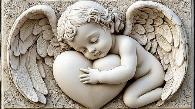 Stone relief carving of a cherub holding a large heart.