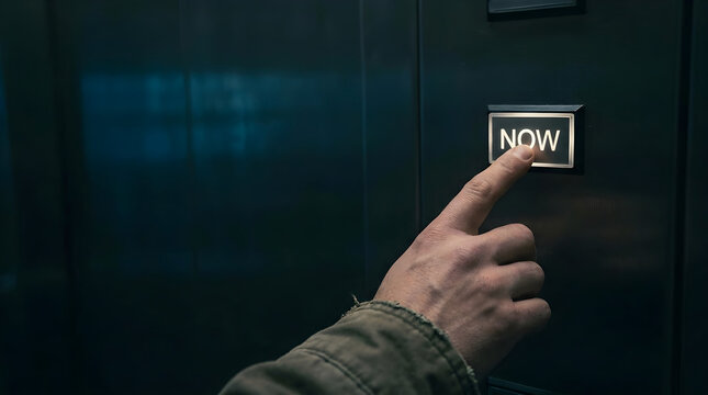 Hand pressing illuminated elevator call button at night