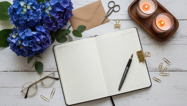 Open notebook with flowers and stationery on wooden desk