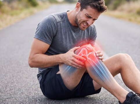 An athlete sitting on a road holds his injured knee, highlighted in red where it hurts. Sports injury, trauma concept. Lifestyle shot for poster, visual, design