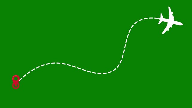 Airplane flight route animation with dashed path and start point on green background