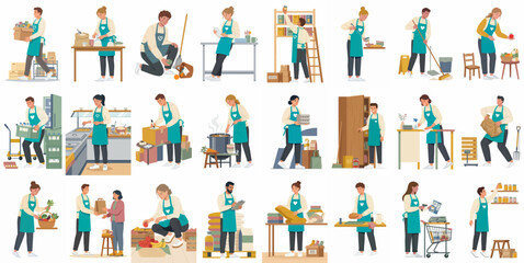 Fototapeta premium Diverse set of supermarket and retail employees in teal aprons performing tasks like stocking shelves, cleaning, food service, and inventory management.