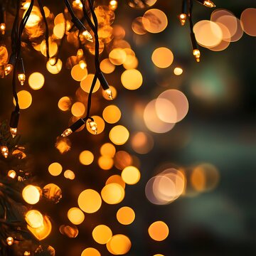 Warm golden string lights create a bokeh effect perfect for holiday season or festive event backgrounds