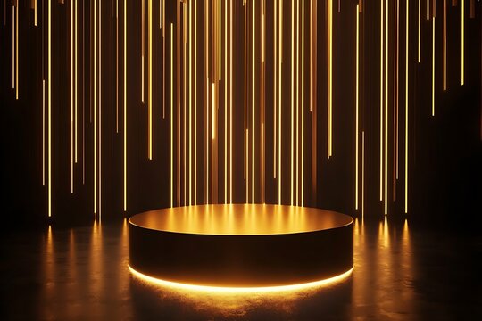 Golden pedestal spotlight with vertical light streaks ideal for product presentation and luxury branding concepts