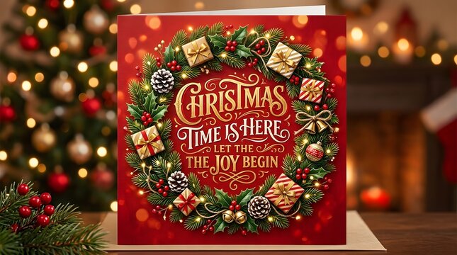 Red christmas card mockup with festive wreath, golden typography, gifts and pinecones on bokeh background