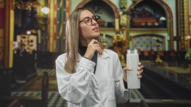 Woman in white coat holding white bottle and touching chin while wearing glasses inside ornate cathedral style building; thoughtful curiosity introspection.