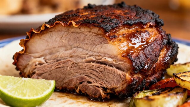 Cuban lech&oacute;n asado, a whole roasted pork with crispy skin and citrus-mojo marinade, served with rice, black beans, and fried plantains, on a large wooden board, representing the centerpiece of Cuban c
