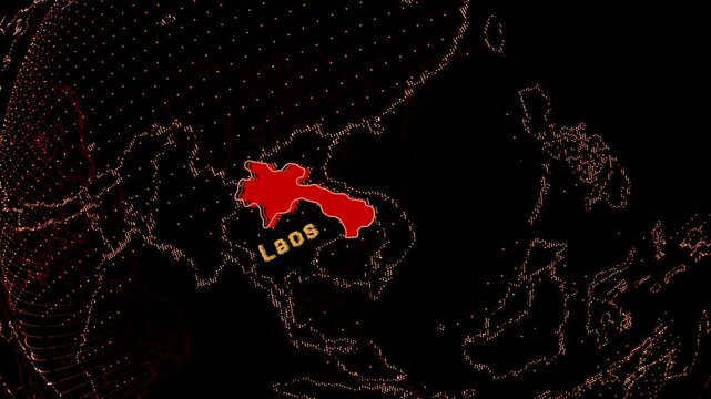 Laos Map Highlight on Rotating Digital Globe.