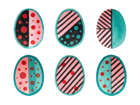 Watercolor easter eggs with geometric patterns isolated on transparent background