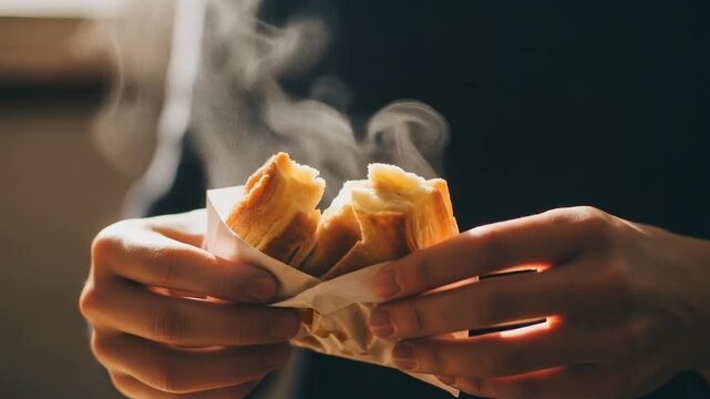 Hands holding hot freshly baked pie with rising steam in paper wrap