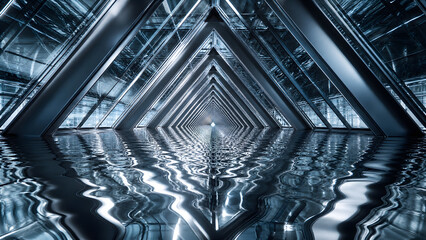 Obraz premium futuristic triangular metal tunnel with liquid chrome water reflection and sci-fi neon lighting 3d render