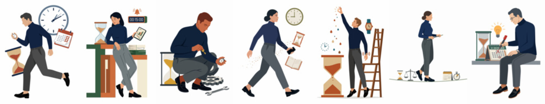 A collection of diverse illustrations depicting people managing time, meeting deadlines, and working efficiently in a professional setting.