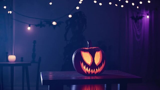 Carved glowing jack o lantern pumpkin sitting on a dark wooden table during halloween