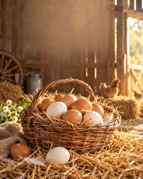 Fresh farm eggs in a rustic basket inside a sunlit barn, with a chicken in the background