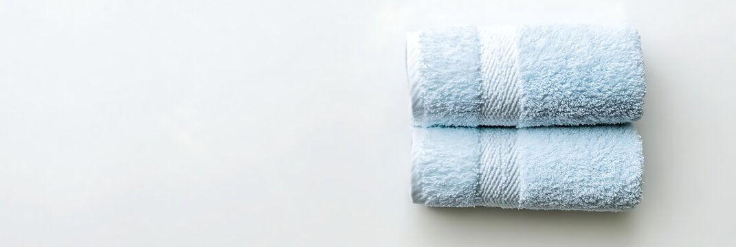 Rolled and folded light blue bath towels on a white surface minimalist spa aesthetic