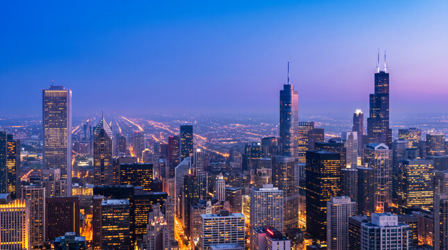 Violet dusk skyline reveals dense downtown high rise towers in a sprawling metropolis