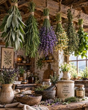 Herbalist's sanctuary with drying herbs hanging from wooden beams, apothecary jars, and rustic decor