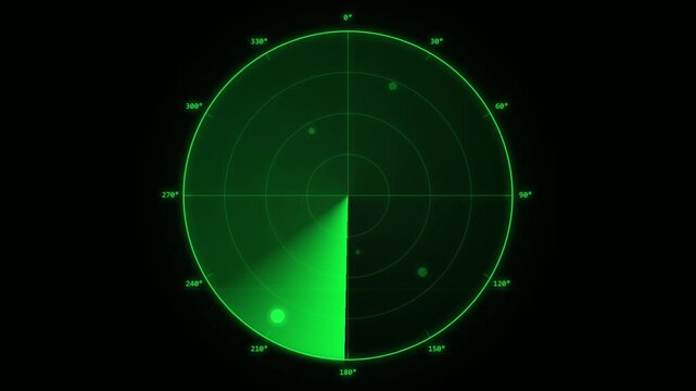 Radar screen scans for targets on black background radar system with detected objects.
