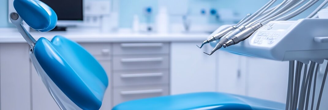 Modern dental office interior with blue upholstery and advanced equipment clean and sterile environment