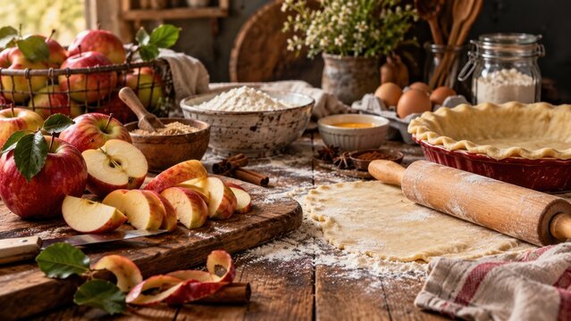 Delicious apple pie preparation, with fresh apples, flour, and baking ingredients spread across a rustic wooden table