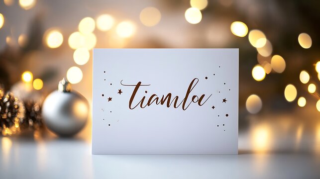 Elegant christmas card mockup with 'tiamloe' calligraphy festive bokeh and silver ornaments for seasonal greetings