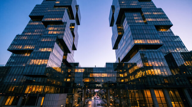 Angular cantilevered high rise towers frame a downtown street at dusk skyline