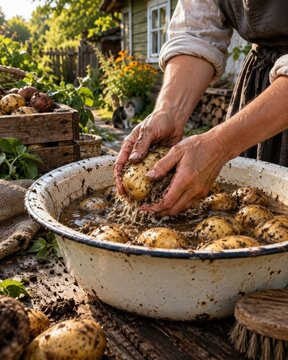 Hands washing dirty potatoes in an old basin, outdoor setting with rustic charm and a hint of rural life