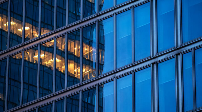 Reflective glass grid facade captures a warm-lit high rise tower in abstract pattern